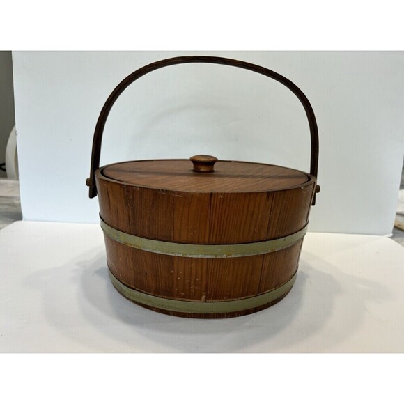 Vintage Shaker Wood Sewing Box with Swing Handle Storage Brass Banded Lid - Picture 4 of 16